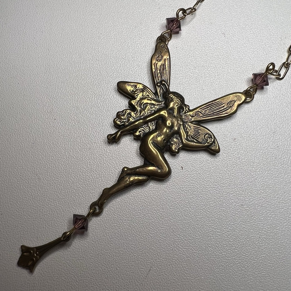 Brass Pididdly Links Art Nouveau Revival Necklace Winged Fairy Charm Purple